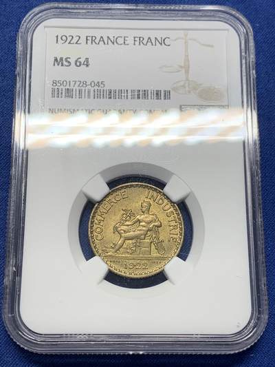 《竞宝斋》第406场 周日，周一，2场连拍 （全场包邮） - NGC MS64 法国1922商务部1法郎，墨丘利像，经典设计，好品相少见