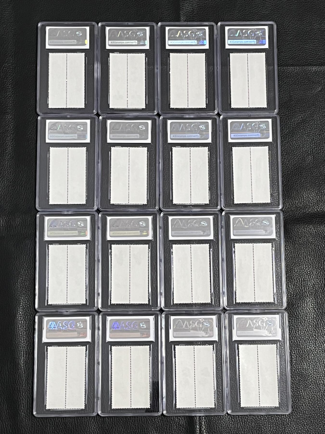 洪涛臻品批发群 精选邮票限时拍卖第1059期  T44 齐白石（双联）十六枚大全套， ASG评级-4-5两枚95OG，其余90OG，中盒无划痕   撕版送评，非常难得。 双连入盒非常漂亮，高分混分性价比高、欣赏价值高。 四大金刚之一 永远的经典品种。（中盒评级费1枚150+，16枚单单评级费就要2400+，2套票成本1600，评级成本4000左右，注意抄底）末图之前成交价做参考