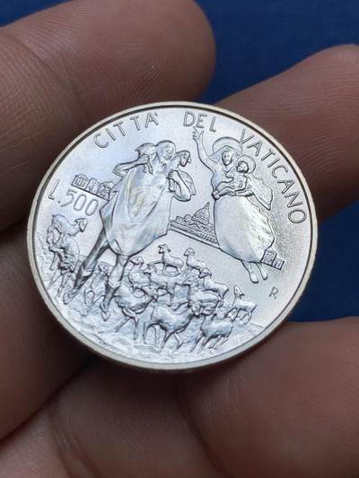 《竞宝斋》第406场 周日，周一，2场连拍 （全场包邮） 梵蒂冈 1996年 牧羊人 500里拉 UNC原光 11g 835银