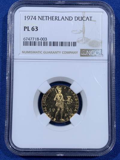 《竞宝斋》第406场 周日，周一，2场连拍 （全场包邮） NGC PL63 荷兰1974年武士1杜卡特精致金币 3.49克 983金
