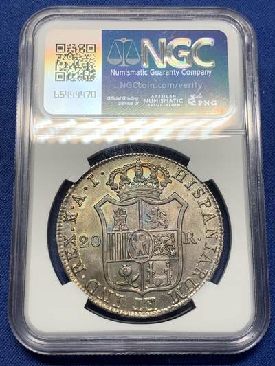 《竞宝斋》第406场 周日，周一，2场连拍 （全场包邮） NGC MS61 法占西班牙1809年波拿巴国王20R大银币，约瑟夫.波拿巴，拿破仑的长兄，拿破仑帝国下的西班牙国王。此枚双面深打，细节很好，幽绿彩包浆，绝美状态