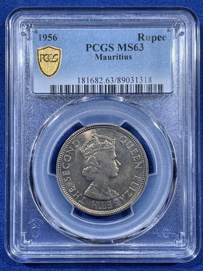 《竞宝斋》第406场 周日，周一，2场连拍 （全场包邮） PCGS MS63 毛里求斯1956年1卢比大镍币 充分流通品种 好品难得 毛里求斯英属热门 喜欢英属的不要错过了