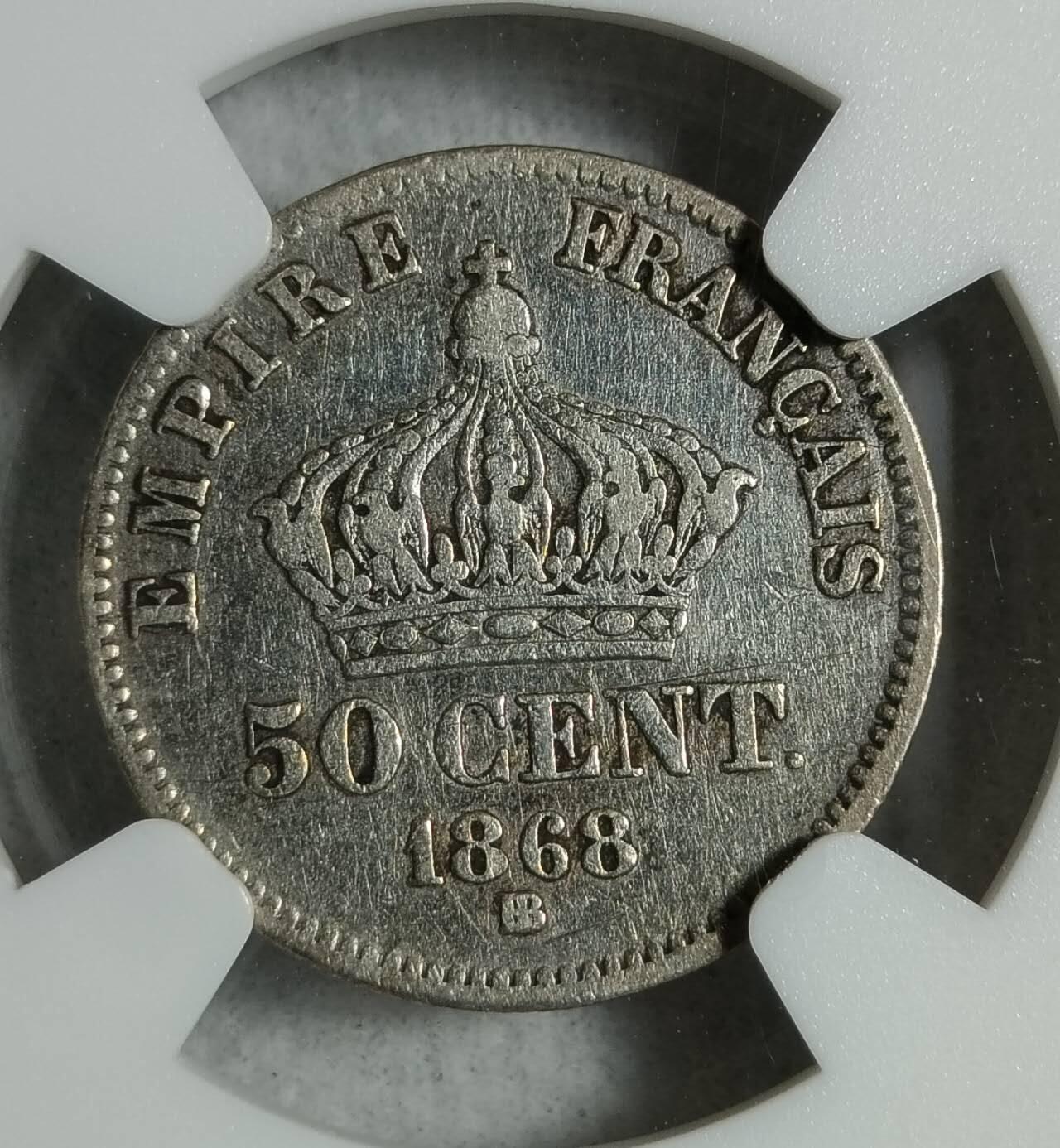 1868年BB版法国拿破仑三世50C银币
