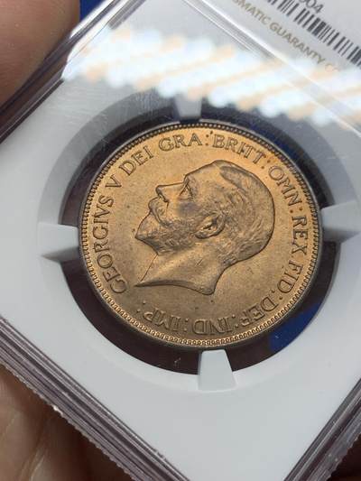 《竞宝斋》第406场 周日，周一，2场连拍 （全场包邮） NGC MS63RB 英国1963年乔治五世便士铜币