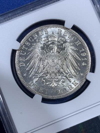 《竞宝斋》第406场 周日，周一，2场连拍 （全场包邮） NGC MS63 德国 1914A 戎装3马克 转光强烈，相比1913马克更加难得