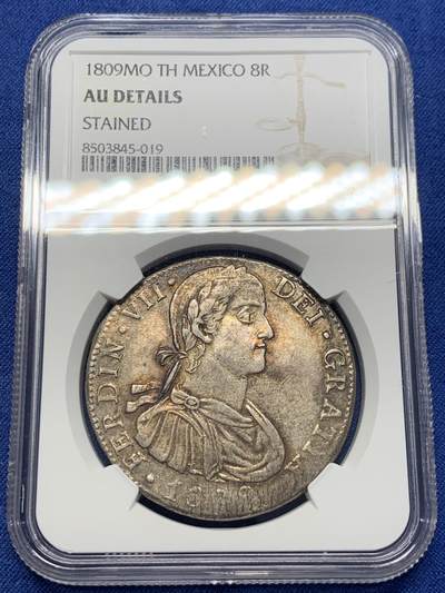 《竞宝斋》第406场 周日，周一，2场连拍 （全场包邮） NGC AU 墨西哥1809年费七戎装版双柱大银币