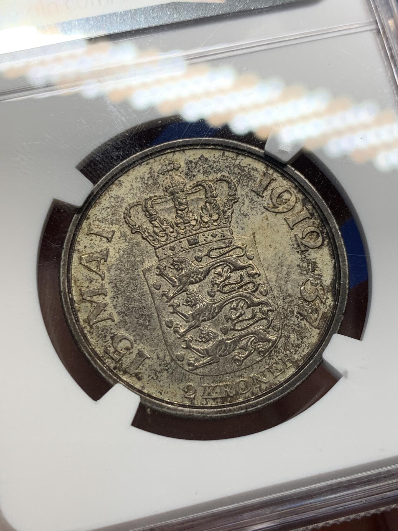 《竞宝斋》第406场 周日，周一，2场连拍 （全场包邮） NGC MS62 丹麦1937年登基25周年2克朗纪念币