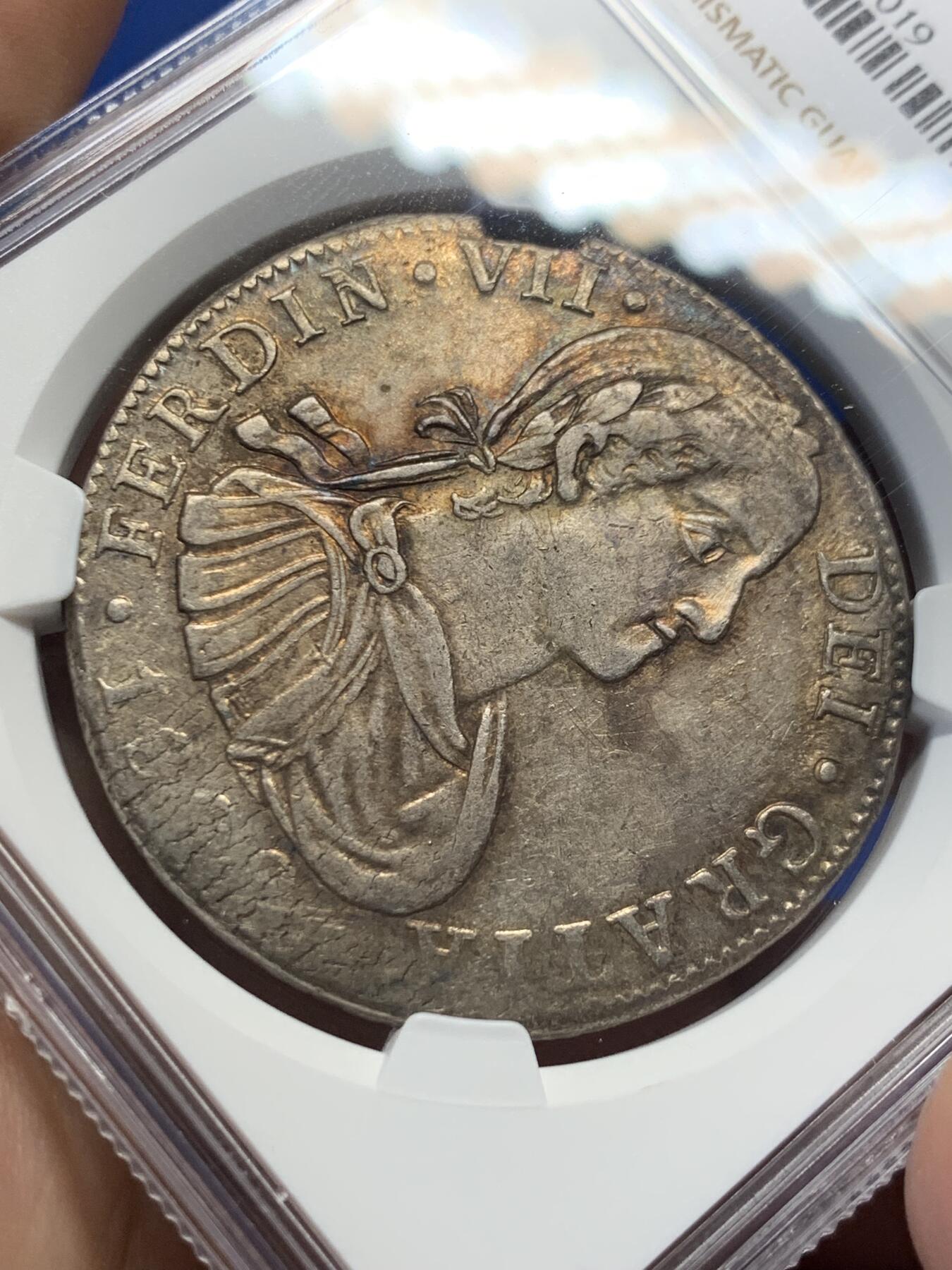 《竞宝斋》第406场 周日，周一，2场连拍 （全场包邮） NGC AU 墨西哥1809年费七戎装版双柱大银币