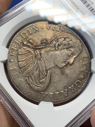 《竞宝斋》第406场 周日，周一，2场连拍 （全场包邮） NGC AU 墨西哥1809年费七戎装版双柱大银币