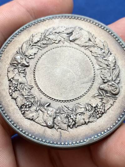 《竞宝斋》第406场 周日，周一，2场连拍 （全场包邮） 1896年法国农业协会玛丽安娜镀银奖章 Dubois作品 经典的女神与播种者形象 背景有飞鸟群、磨坊、谷仓、耕牛 小章显大景 空间感极强 人物力量感十足 画面张力尽显 法系大家的风范！品相极佳。直径：50mm，重：71.6g 丰饶角铜标