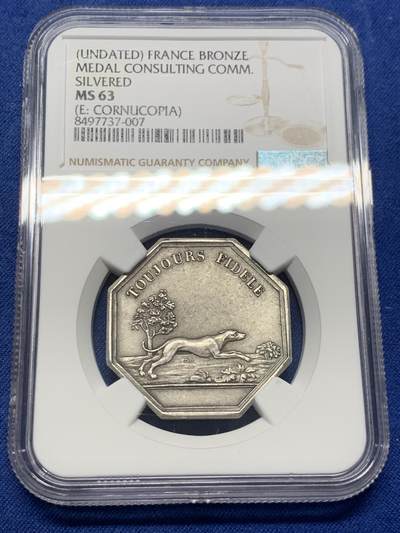 《竞宝斋》第406场 周日，周一，2场连拍 （全场包邮） NGC MS63 法国镀银铜质八角 正面飞奔的猎犬，铭文“始终忠诚可信