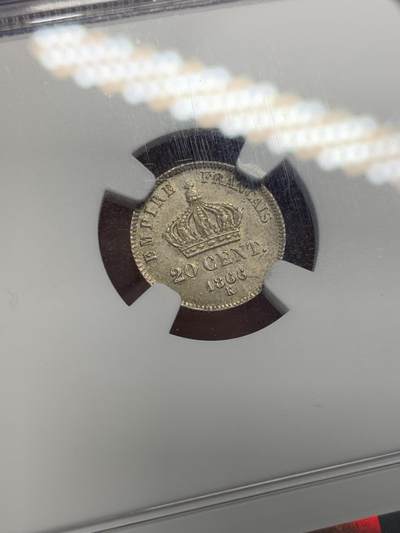 《竞宝斋》第406场 周日，周一，2场连拍 （全场包邮） NGC MS65 法国1866年拿破仑三世20分银币 顶级原光五彩