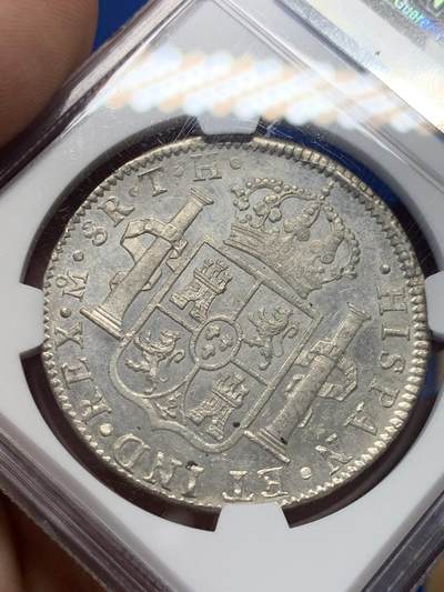 《竞宝斋》第406场 周日，周一，2场连拍 （全场包邮） NGC MS61 1808过渡年份 西属墨西哥卡四8里亚尔双柱 细节深打底板丝滑略呈镜面 盒子左侧有一小缺