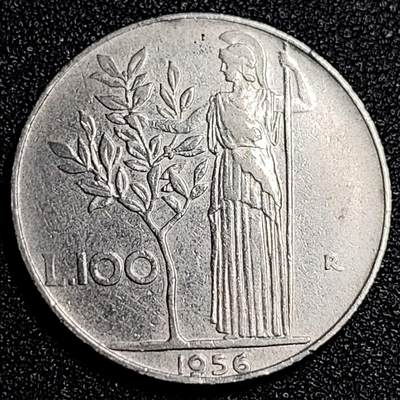 泉币菌-第67场-精品场 - 1956年 意大利早期100里拉 月亮和记忆女神密涅瓦 不锈钢币 27.8mm