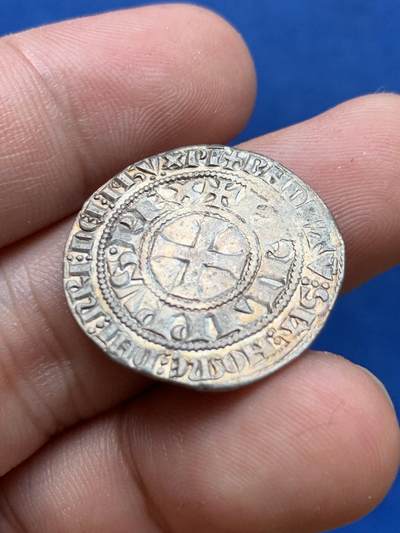 《竞宝斋》第406场 周日，周一，2场连拍 （全场包邮） 法国 1285-1305 菲利普四世 1 格罗斯 中世纪打制银币 3.58克