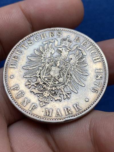 《竞宝斋》第406场 周日，周一，2场连拍 （全场包邮） 德国 巴伐利亚 1876年 路德维希二世 短翅鹰5马克银币