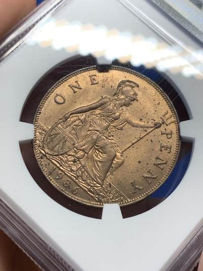 《竞宝斋》第406场 周日，周一，2场连拍 （全场包邮） NGC MS63RB 英国1963年乔治五世便士铜币