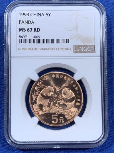 《竞宝斋》第406场 周日，周一，2场连拍 （全场包邮） - NGC MS67RD 中国1993年珍稀野生动物大熊猫纪念币 5元精制币