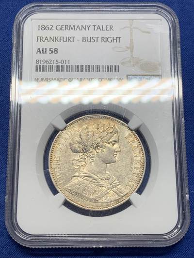 《竞宝斋》第406场 周日，周一，2场连拍 （全场包邮） NGC AU58 德国 1862年 1泰勒  银币 原味淡金色包浆