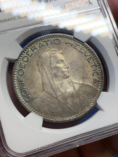 《竞宝斋》第406场 周日，周一，2场连拍 （全场包邮） NGC AU53 瑞士1923年5法郎大版高银银币，美品