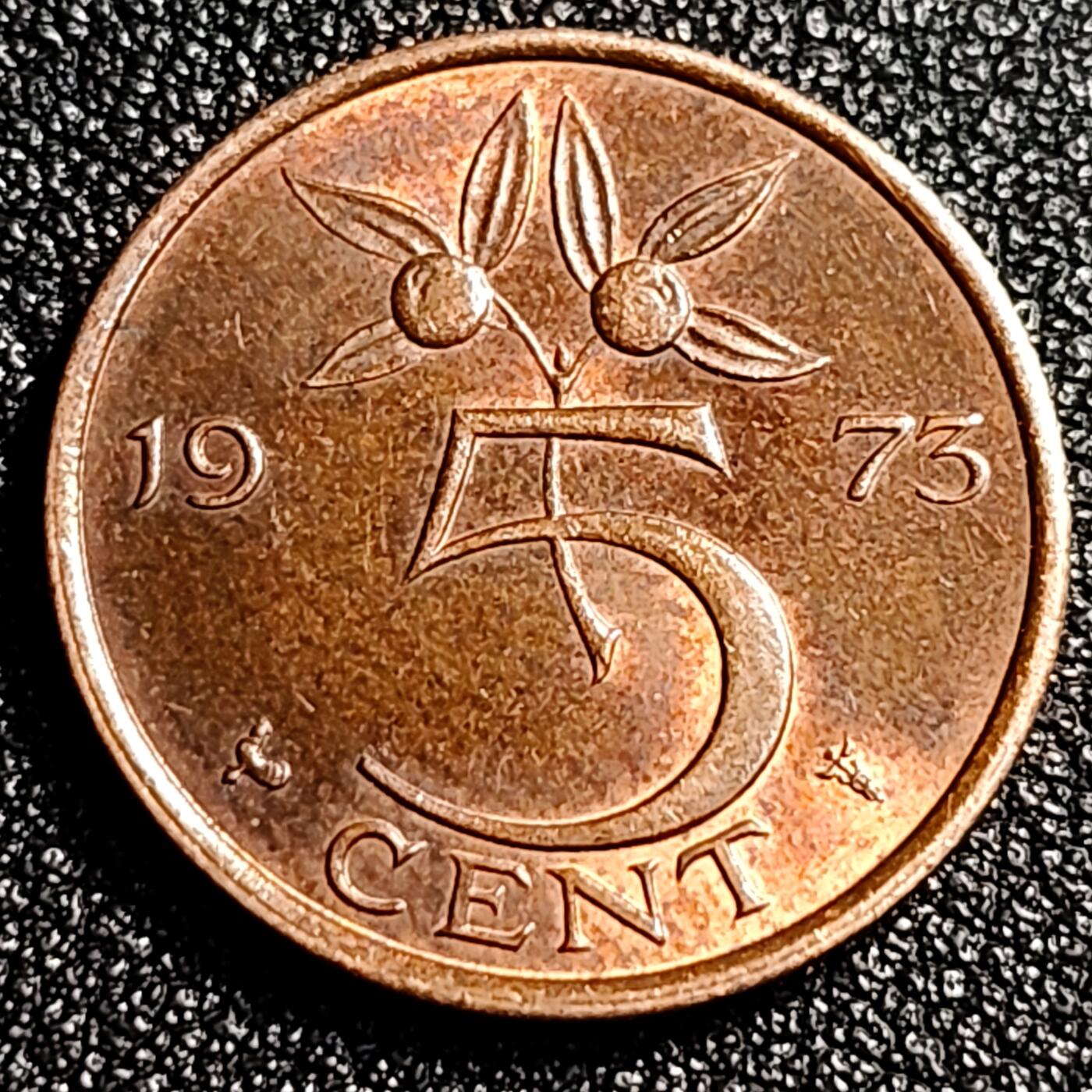 泉币菌-第66场-精品场 原铜光极美 荷兰王国 1973年5分 橙子 朱丽安娜女王 公鸡&星星暗记 青铜币 21mm 