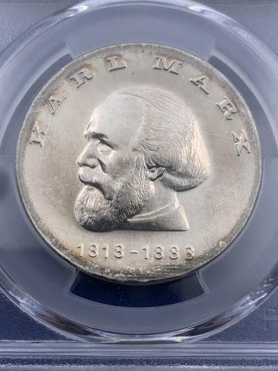 《竞宝斋》第406场 周日，周一，2场连拍 （全场包邮） PCGS MS64 1968东德20马克 大热品种 马克思诞辰150周年 东德银币工艺问题 出分很难 这枚人像立体感极强 品相很不错