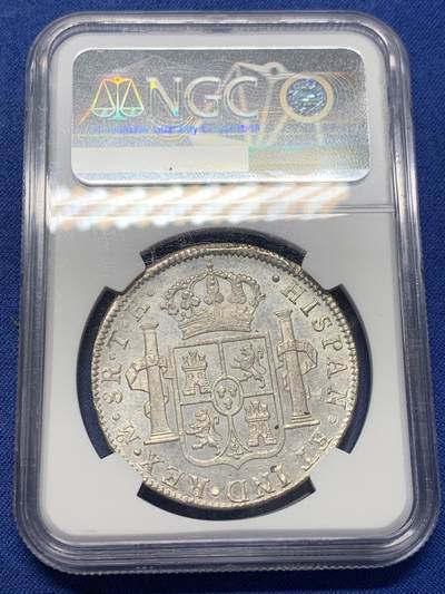 《竞宝斋》第406场 周日，周一，2场连拍 （全场包邮） NGC MS61 1808过渡年份 西属墨西哥卡四8里亚尔双柱 细节深打底板丝滑略呈镜面 盒子左侧有一小缺