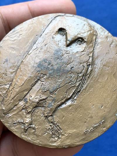 《竞宝斋》第406场 周日，周一，2场连拍 （全场包邮） 法国大铜章，直径67MM，重203克，1989 丰饶角铜币 飞禽艺术之猫头鹰。