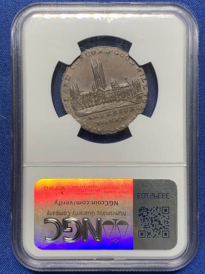 《竞宝斋》第406场 周日，周一，2场连拍 （全场包邮） NGC MS61 英国1794肯特郡坎特伯雷1/2便士铜代用币 难得带光好品 背面教堂景观非常漂亮