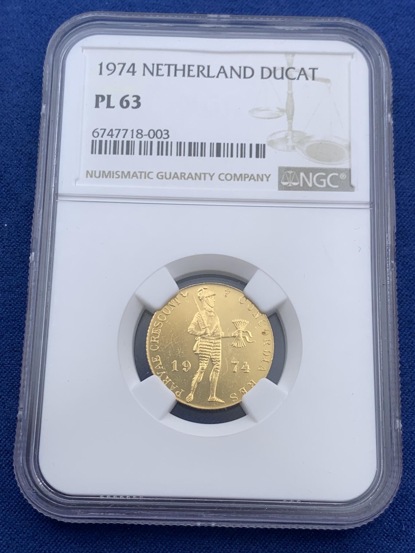 《竞宝斋》第406场 周日，周一，2场连拍 （全场包邮） NGC PL63 荷兰1974年武士1杜卡特精致金币 3.49克 983金
