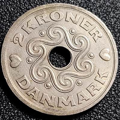 泉币菌-第66场-精品场 -  高币值 丹麦1994年2克朗 中孔币爱心币 玛格丽特二世 24.5mm