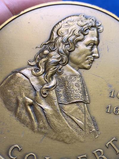 《竞宝斋》第406场 周日，周一，2场连拍 （全场包邮） 法国海军及殖民地部长科尔贝逝世200周年纪念铜章 巴黎造币场铸造 167.3克 67.6mm 1983 丰饶角铜标