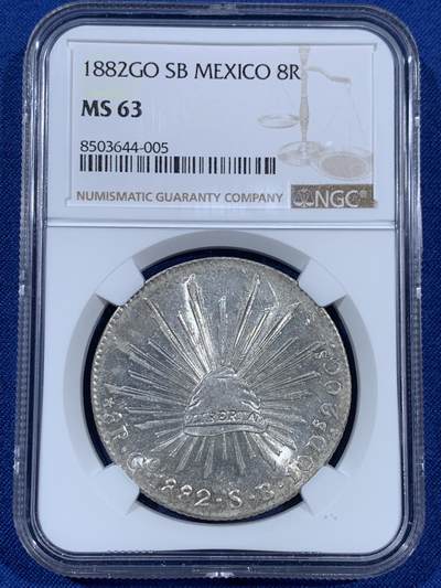 《竞宝斋》第406场 周日，周一，2场连拍 （全场包邮） NGC MS63 墨西哥 1882 GO SB 8里亚尔 花边鹰洋 银光漂亮