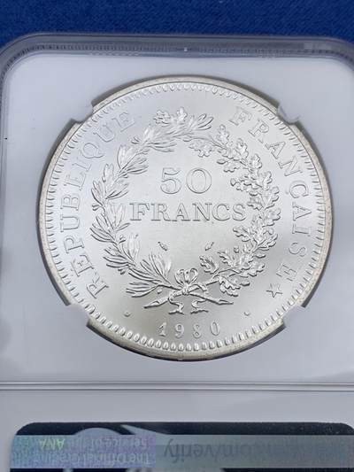 《竞宝斋》第406场 周日，周一，2场连拍 （全场包邮） NGC SP67 法国1980年大力神50法郎大银币（SP版本）稀少