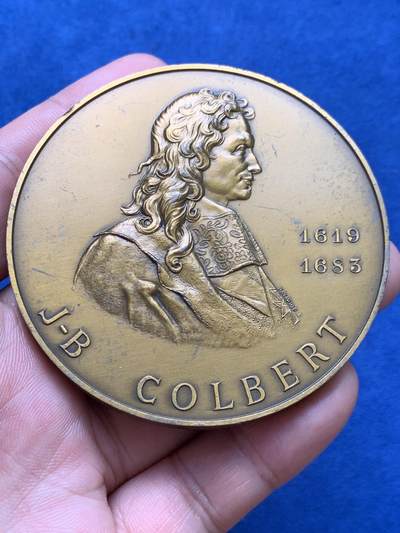 《竞宝斋》第406场 周日，周一，2场连拍 （全场包邮） 法国海军及殖民地部长科尔贝逝世200周年纪念铜章 巴黎造币场铸造 167.3克 67.6mm 1983 丰饶角铜标