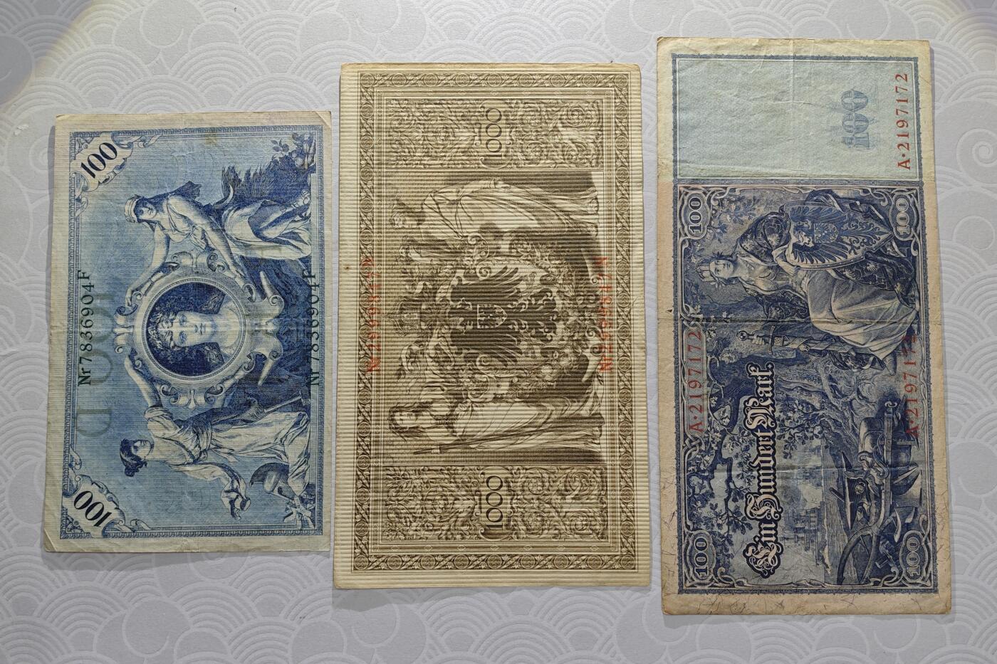 德国马克早期大票幅3张老版纸币原票美品