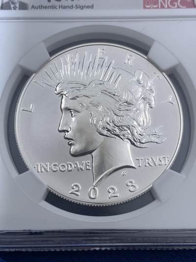 《竞宝斋》第406场 周日，周一，2场连拍 （全场包邮） NGC PF70UC 美国2023年和平银元反向精制1美元银币，PROOF反向精制币，高浮雕设计，币面清爽干净又漂亮，打制精美，状态一流，冠军分。
