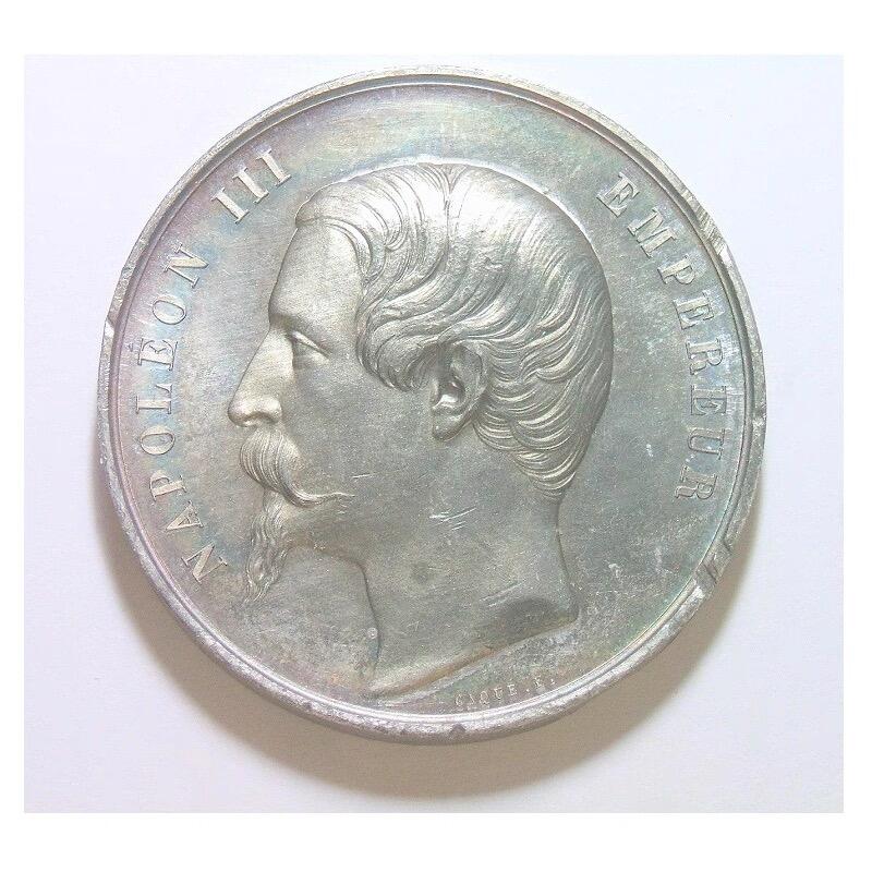 法国1855年 拿破仑三世+女神高浮雕精制大合金章 50MM