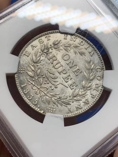 《竞宝斋》第406场 周日，周一，2场连拍 （全场包邮） NGC MS61 东印度公司1835威廉四世卢比，incused “F”，银光充沛！