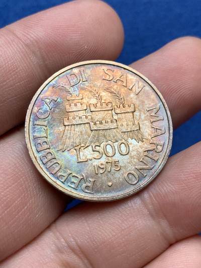 《竞宝斋》第406场 周日，周一，2场连拍 （全场包邮） 圣马利诺 1975年 石匠500里拉 UNC 原光好彩 11g 835银