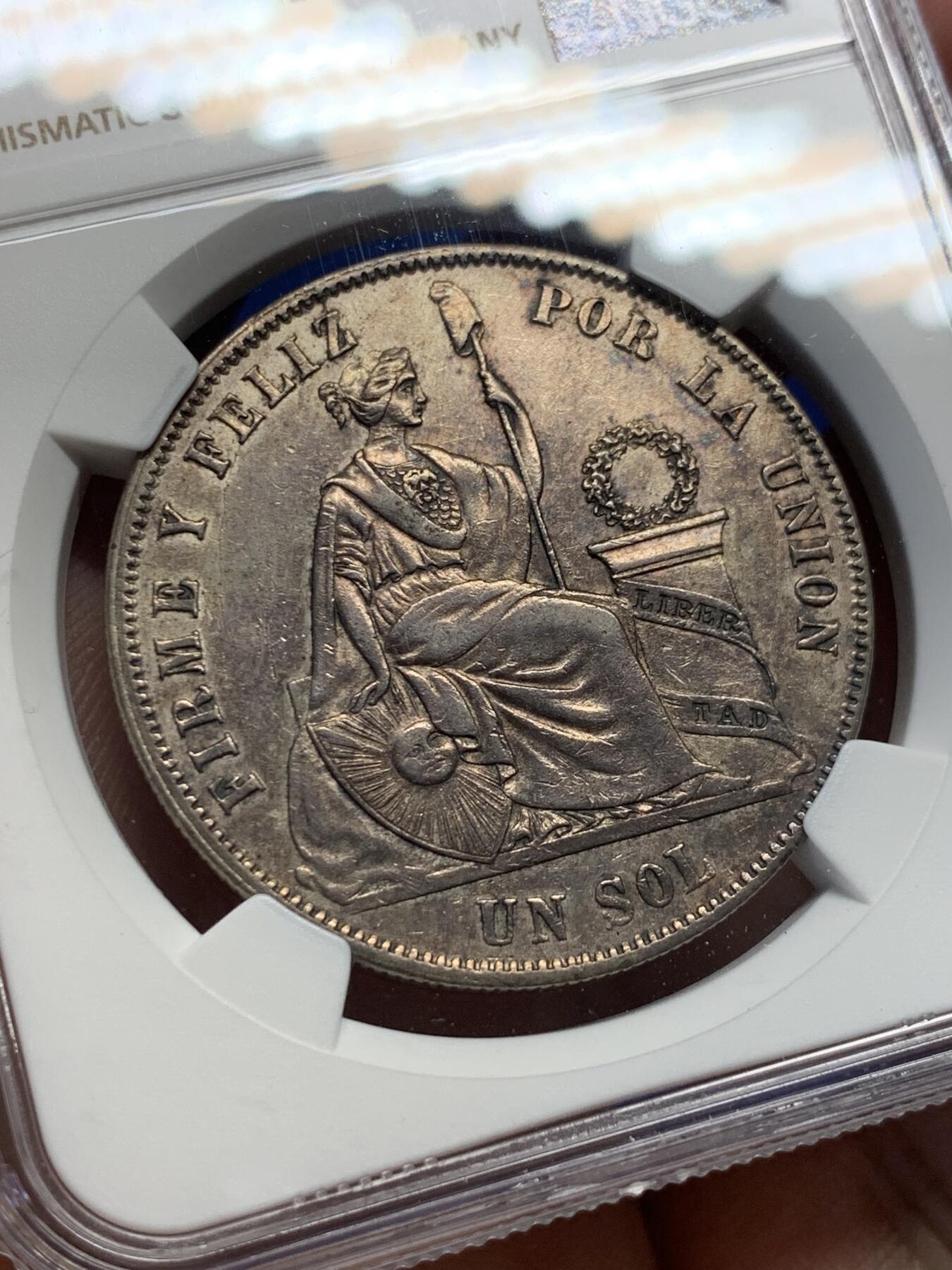 《竞宝斋》第406场 周日，周一，2场连拍 （全场包邮） NGC AU 秘鲁1869年1索尔银币