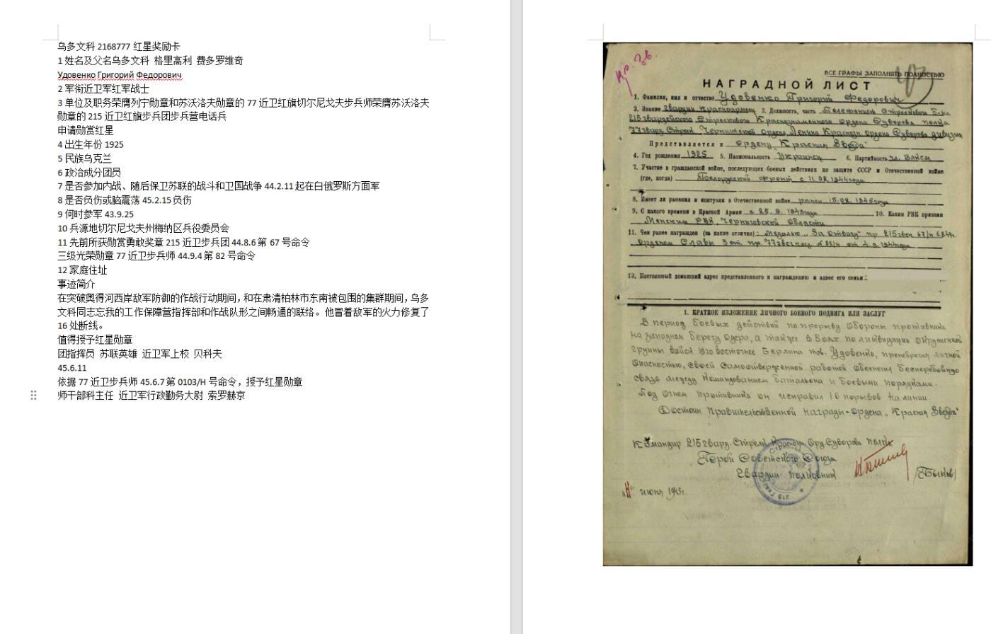 苏联勋章拍卖 8月6日结束 本次有抗美援朝苏联飞行员红旗 击落佩刀F86战机的红旗参拍 机不可失失不再来 找不到的加我qq或者微信都是184277308备注苏章拍卖。最好加微信群每次都会通知还有提前可以一口价的 最近会持续拍卖一些东西。 苏联二战红星勋章 2168777 柏林战役修复短线 好号码 左边角顶部轻微小瑕疵 正面看不到 刻号非常龙飞凤舞  但经过讨论是这个号 有其他已经也可以当裸章拍  Удовенко Григорий Федорович 电话兵在突破奥得河西岸敌军防御的作战行动期间，和在肃清柏林市东南被包围的集群期间他冒着敌军的火力修复了16处断线。