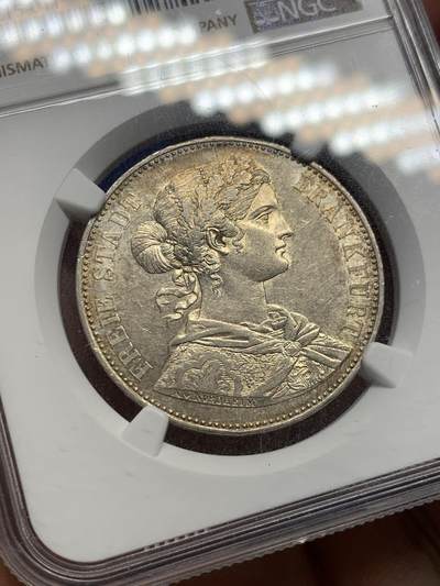 《竞宝斋》第406场 周日，周一，2场连拍 （全场包邮） NGC AU58 德国 1862年 1泰勒  银币 原味淡金色包浆