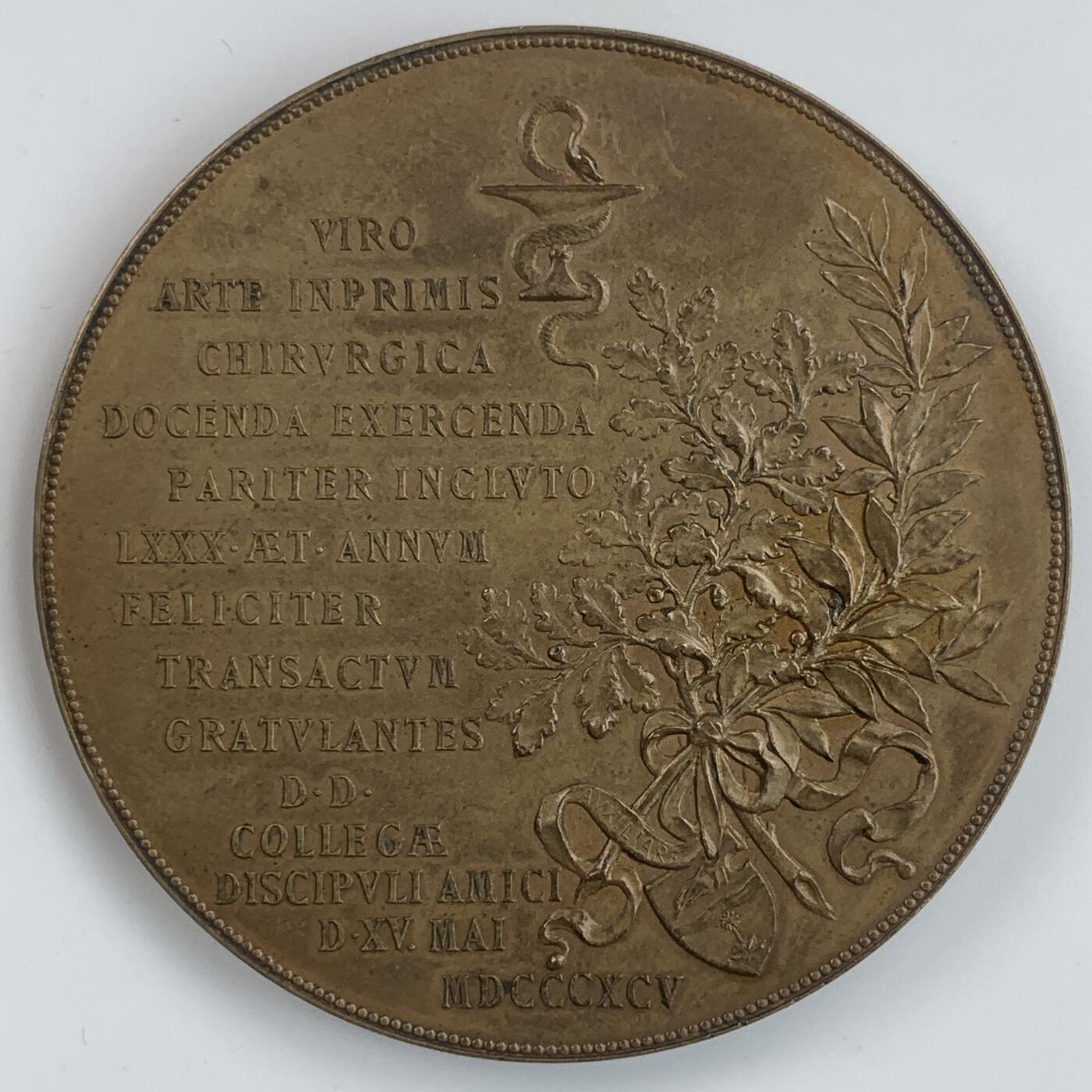 掌中浮雕-藏着的欧洲第032场 1895年奥地利外科和泌尿科医生利奥波德·奈特八十大寿纪念铜章，奥地利章牌大师安东·沙夫（A.Scharff)作品，沙夫医生比较少见，58mm  