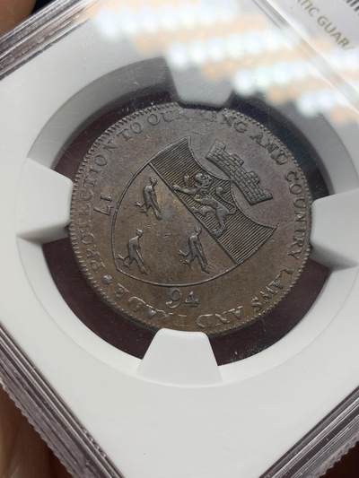 《竞宝斋》第406场 周日，周一，2场连拍 （全场包邮） NGC MS61 英国1794肯特郡坎特伯雷1/2便士铜代用币 难得带光好品 背面教堂景观非常漂亮