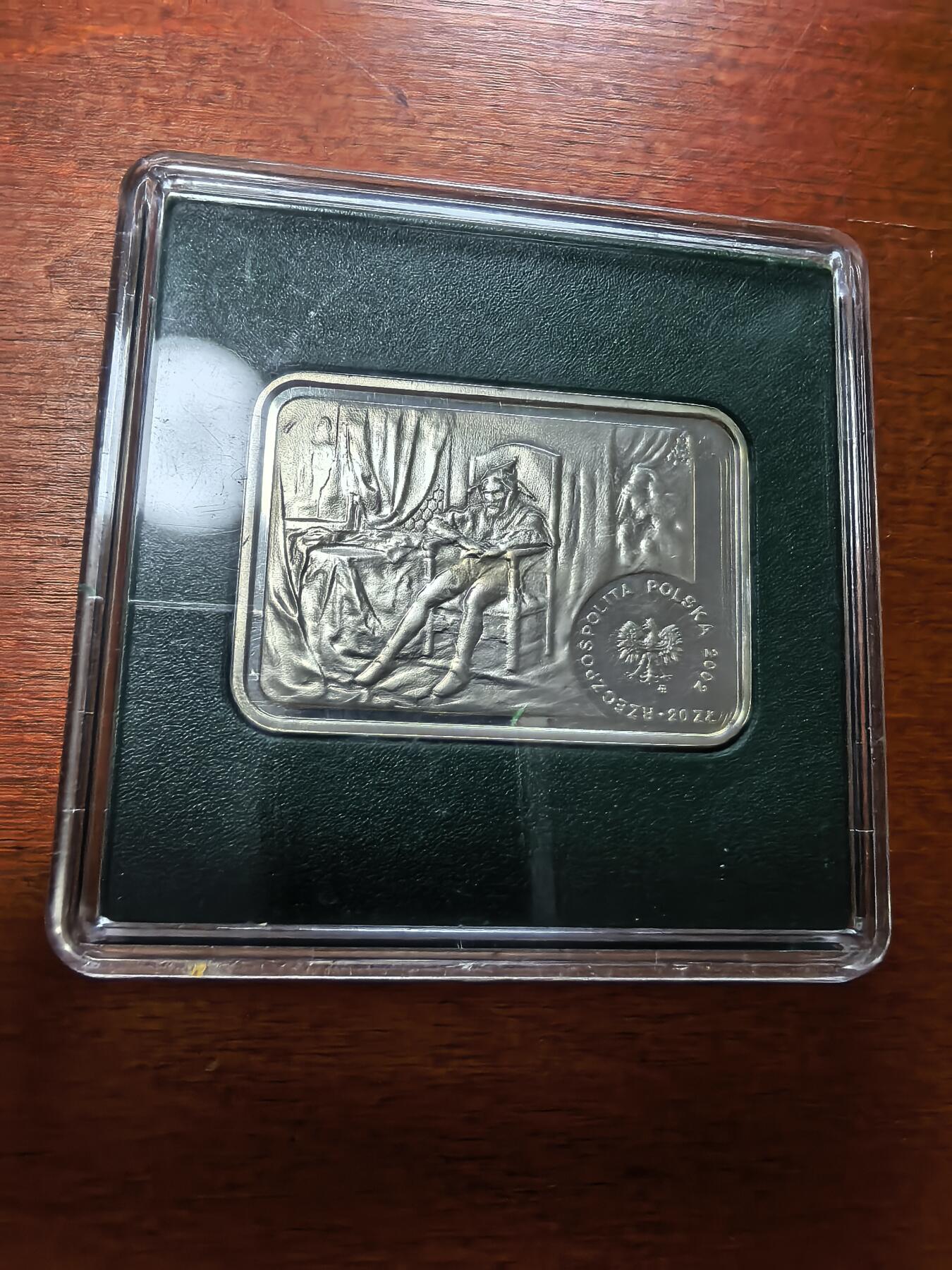 长老汇蛇年精选第二十九场拍卖 2002波兰画家扬·马特义科20兹罗提长方形部分彩色精制银币，克书135美金，原厂盒