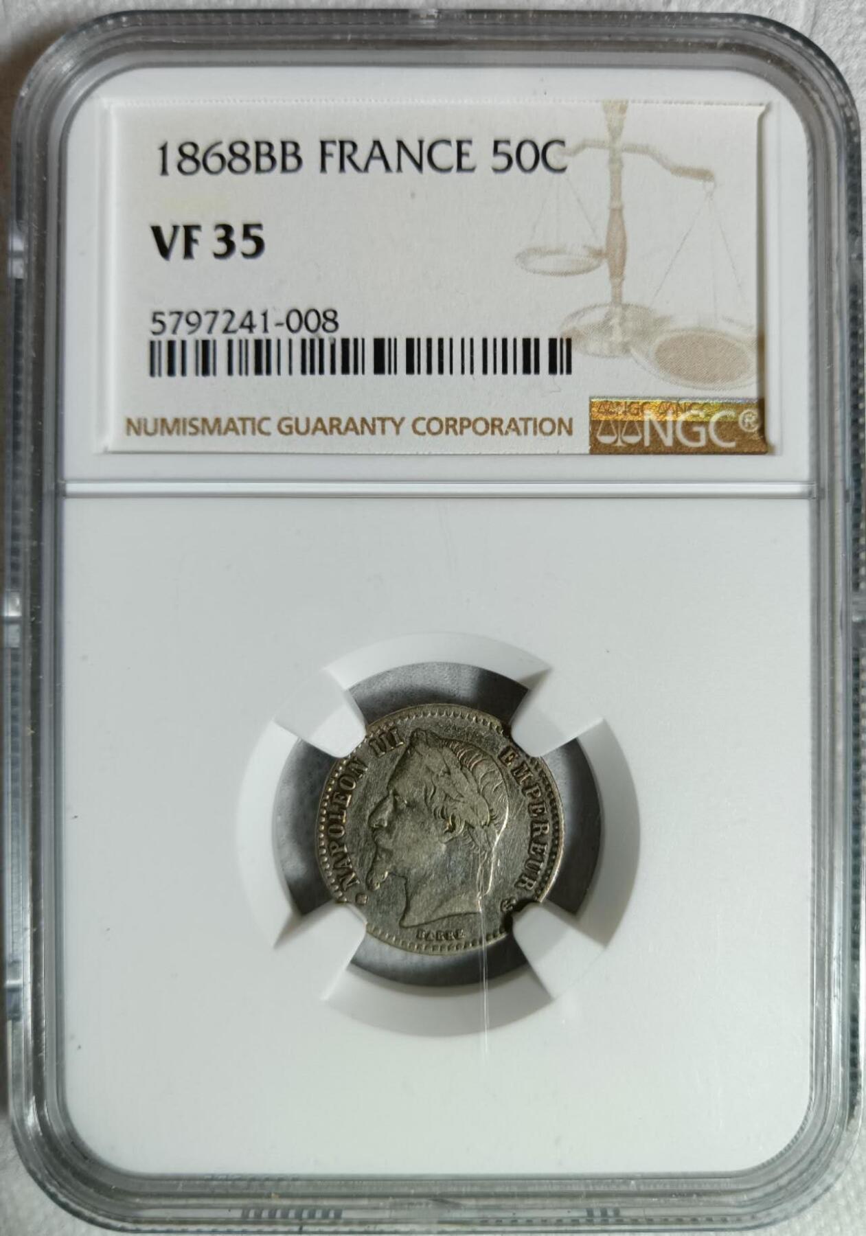 1868年BB版法国拿破仑三世50C银币