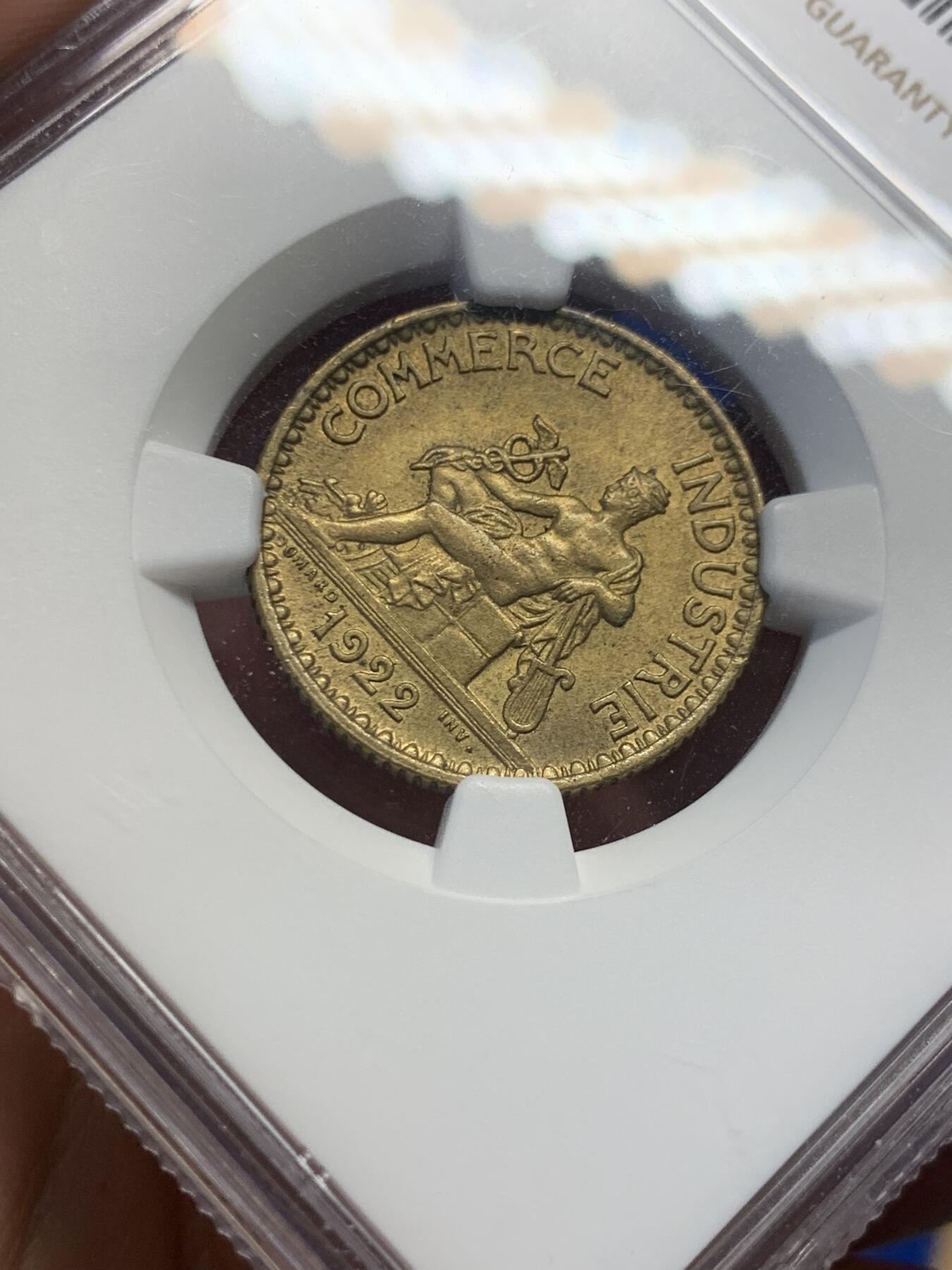 《竞宝斋》第406场 周日，周一，2场连拍 （全场包邮） NGC MS64 法国1922商务部1法郎，墨丘利像，经典设计，好品相少见