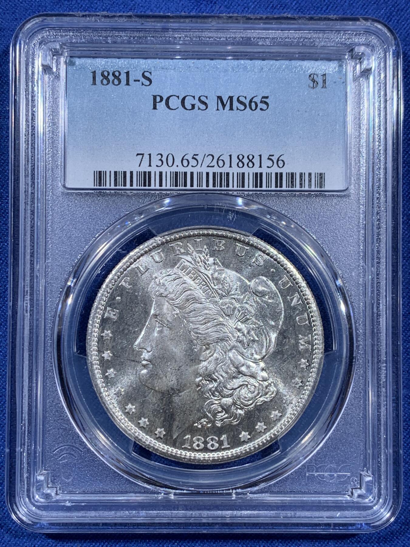《竞宝斋》第406场 周日，周一，2场连拍 （全场包邮） PCGS MS65 美国 1881-S 摩根1美元银元  类镜面效果 光度很好