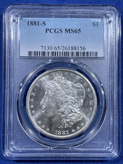 《竞宝斋》第406场 周日，周一，2场连拍 （全场包邮） - PCGS MS65 美国 1881-S 摩根1美元银元  类镜面效果 光度很好